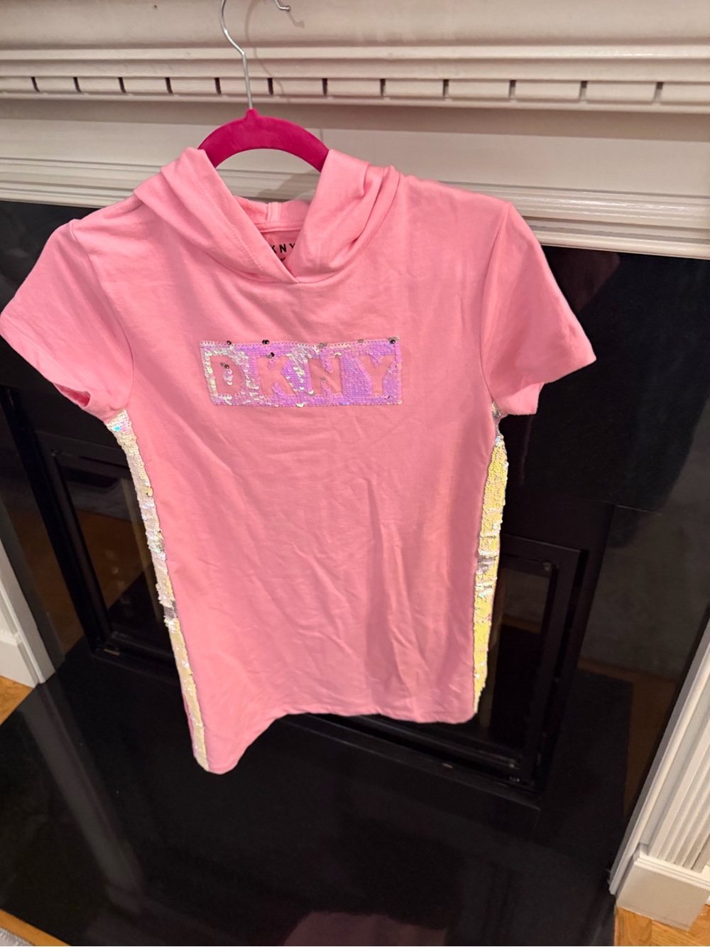 DKNY Girls' Pink Sequin Logo Hooded dress